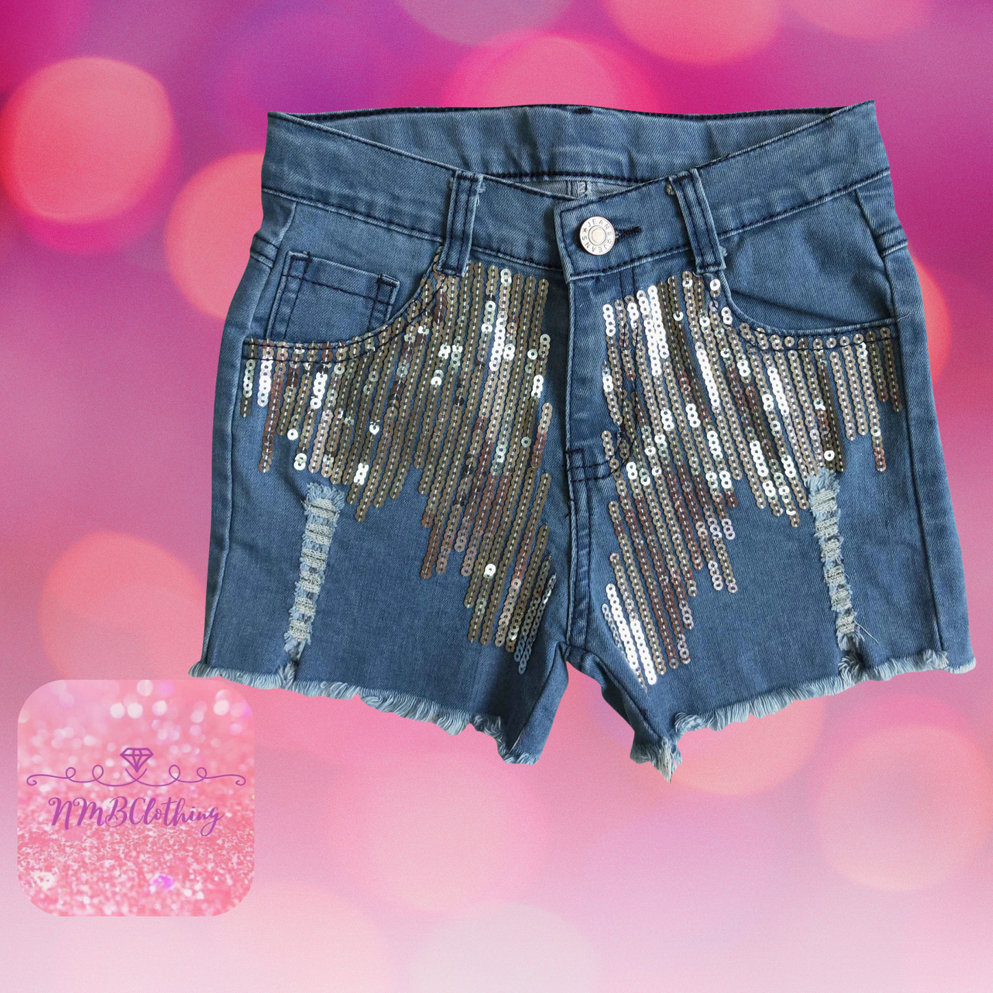 Silver Sequin Blue NY Fashion Denim Shorts