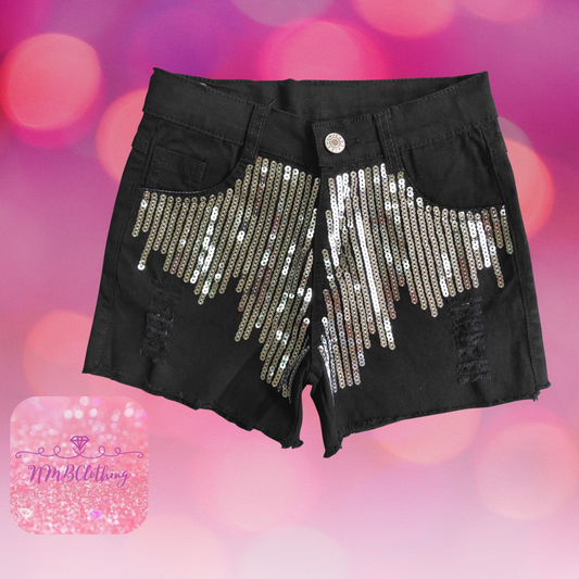 Silver Sequin Black NY Fashion Denim Shorts